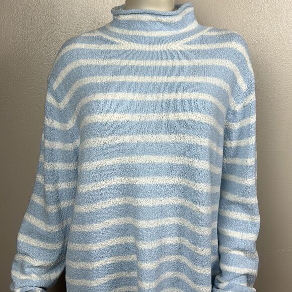 women’s J. Crew stripped blue cotton sweater cozy light weight mock neck XL SOFT - Picture 2 of 9